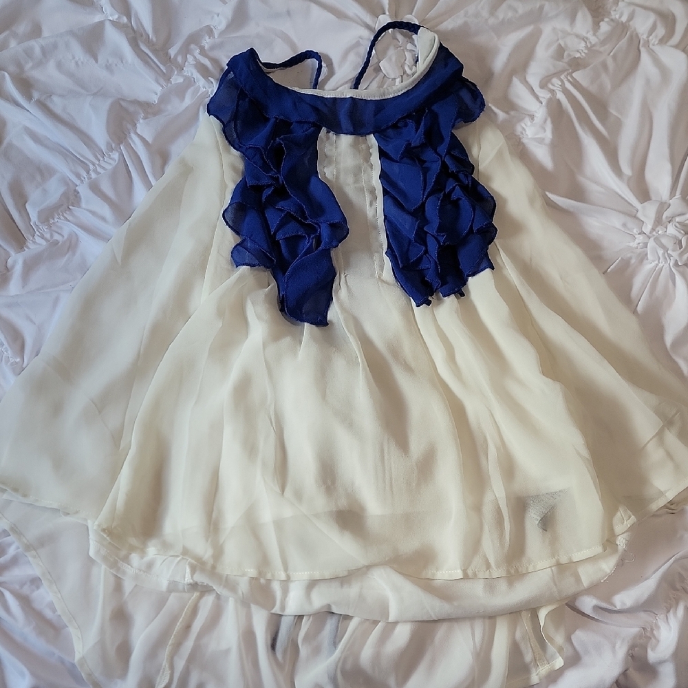 Elegant Blue and Cream Blouse with Delicate Details